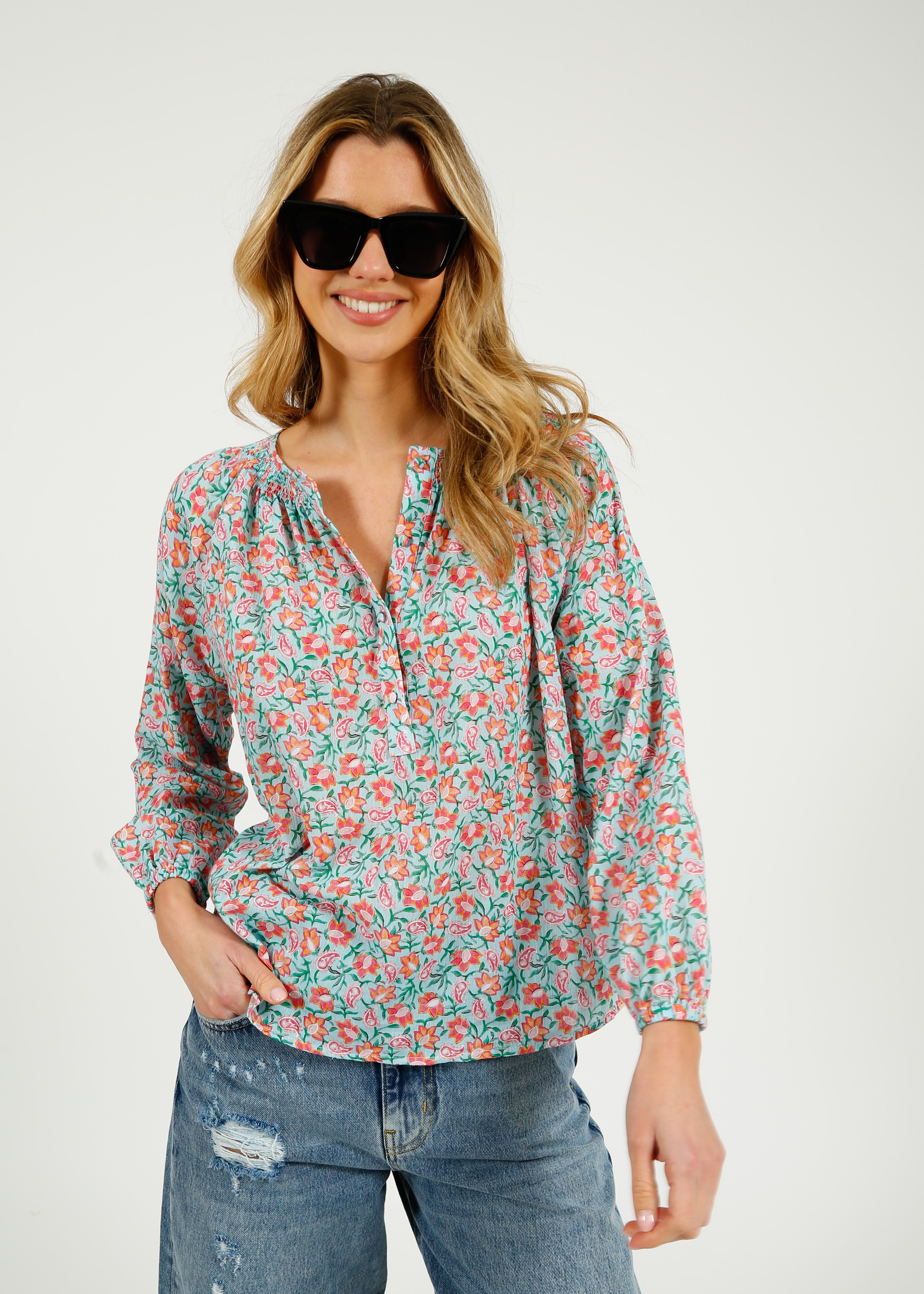 Primrose Park Jess Blouse in Block Print Pale Blue