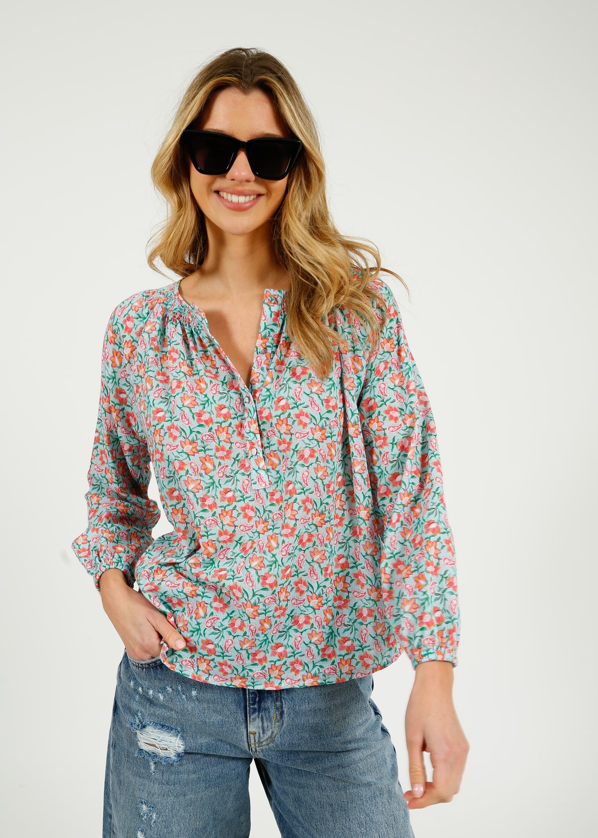 Primrose Park Jess Blouse in Block Print Pale Blue
