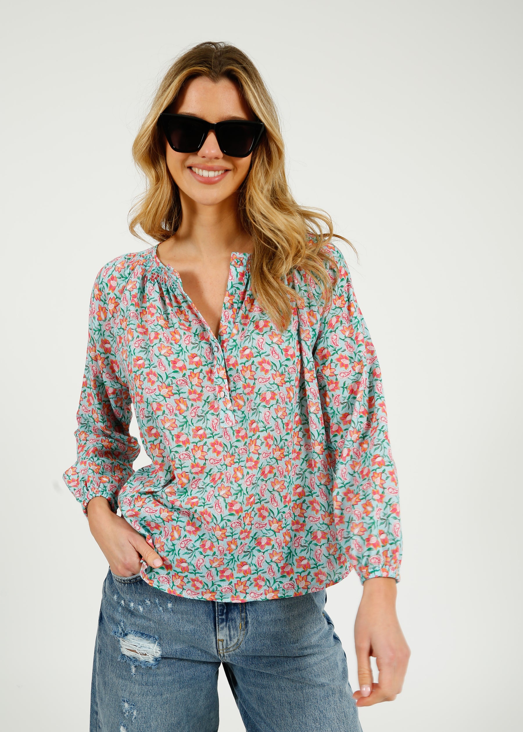 Primrose Park Jess Blouse in Block Print Pale Blue