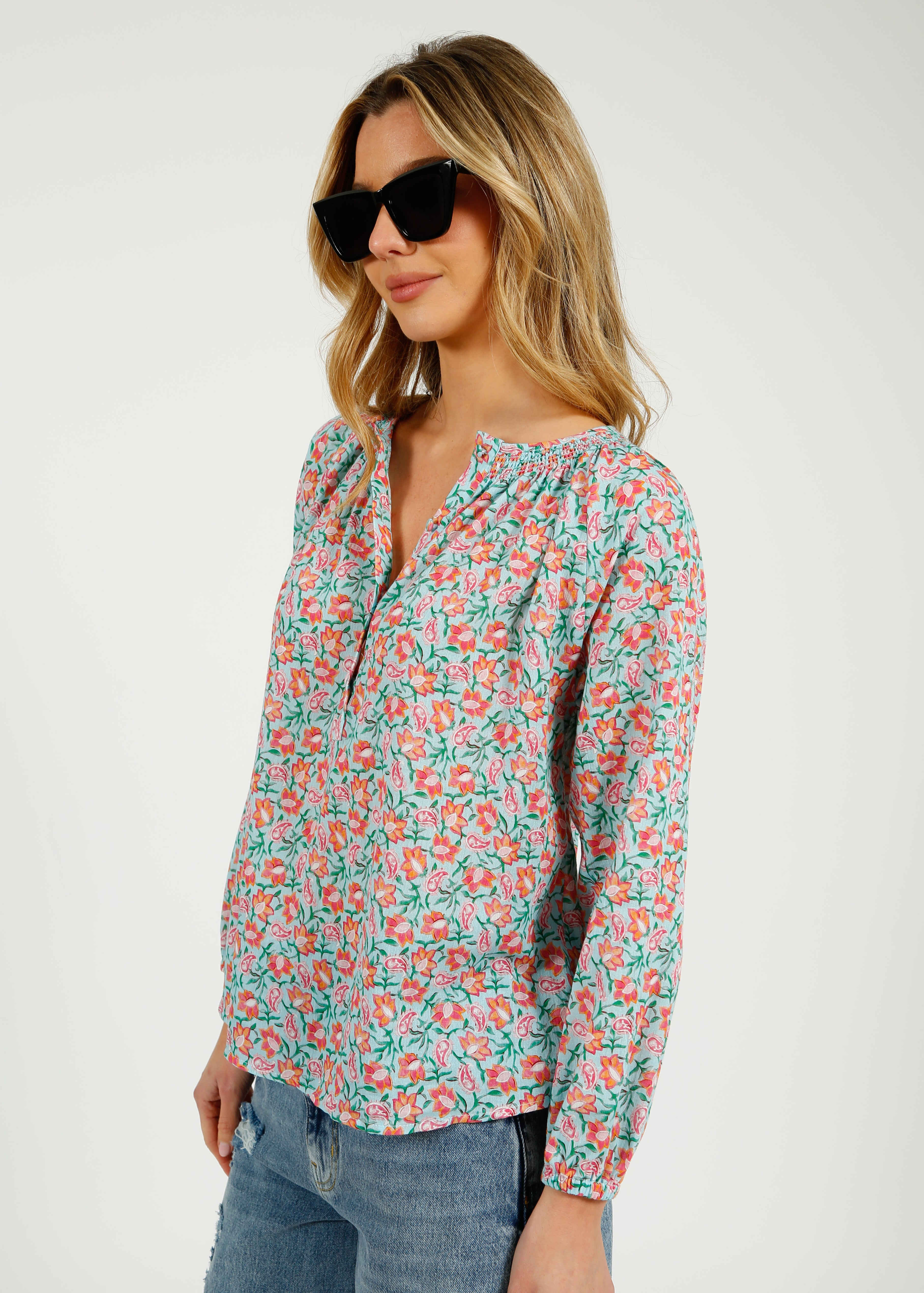 Primrose Park Jess Blouse in Block Print Pale Blue