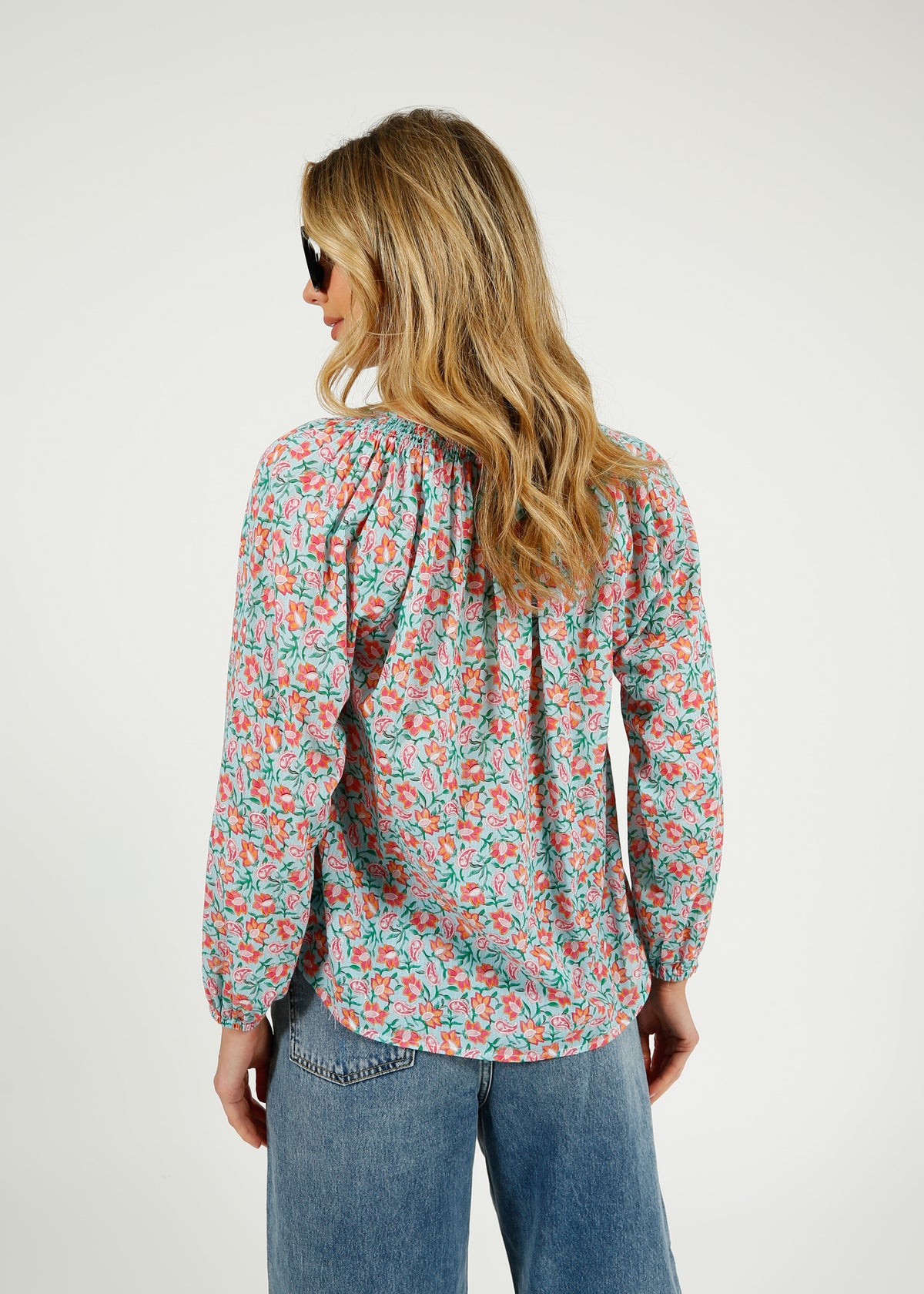Primrose Park Jess Blouse in Block Print Pale Blue