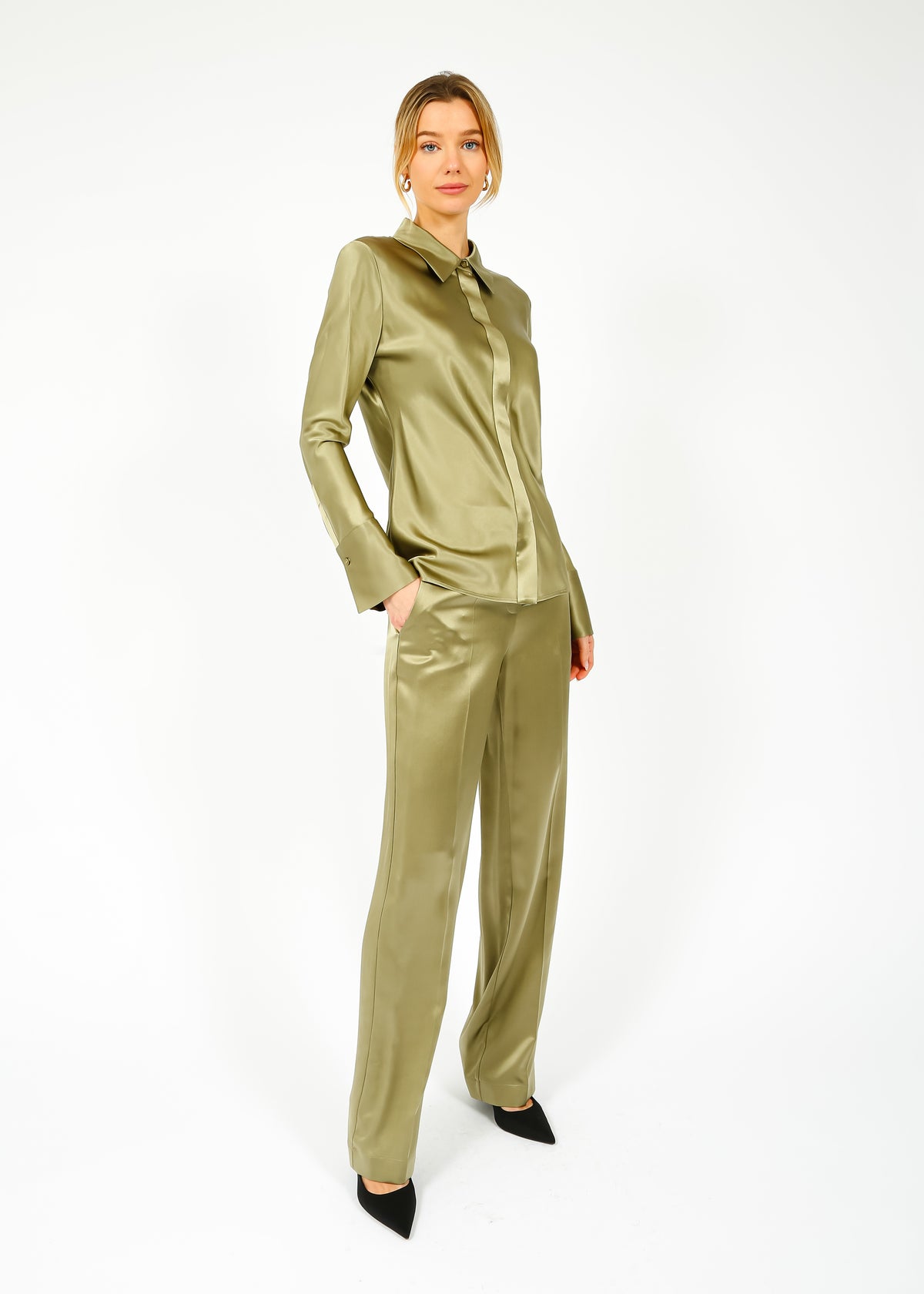 JOSEPH Tova Silk Satin Pant in Dark Olive