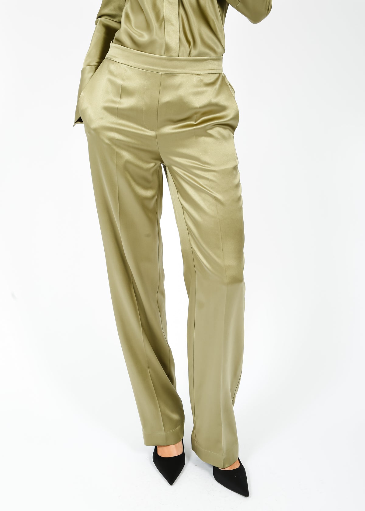 JOSEPH Tova Silk Satin Pant in Dark Olive