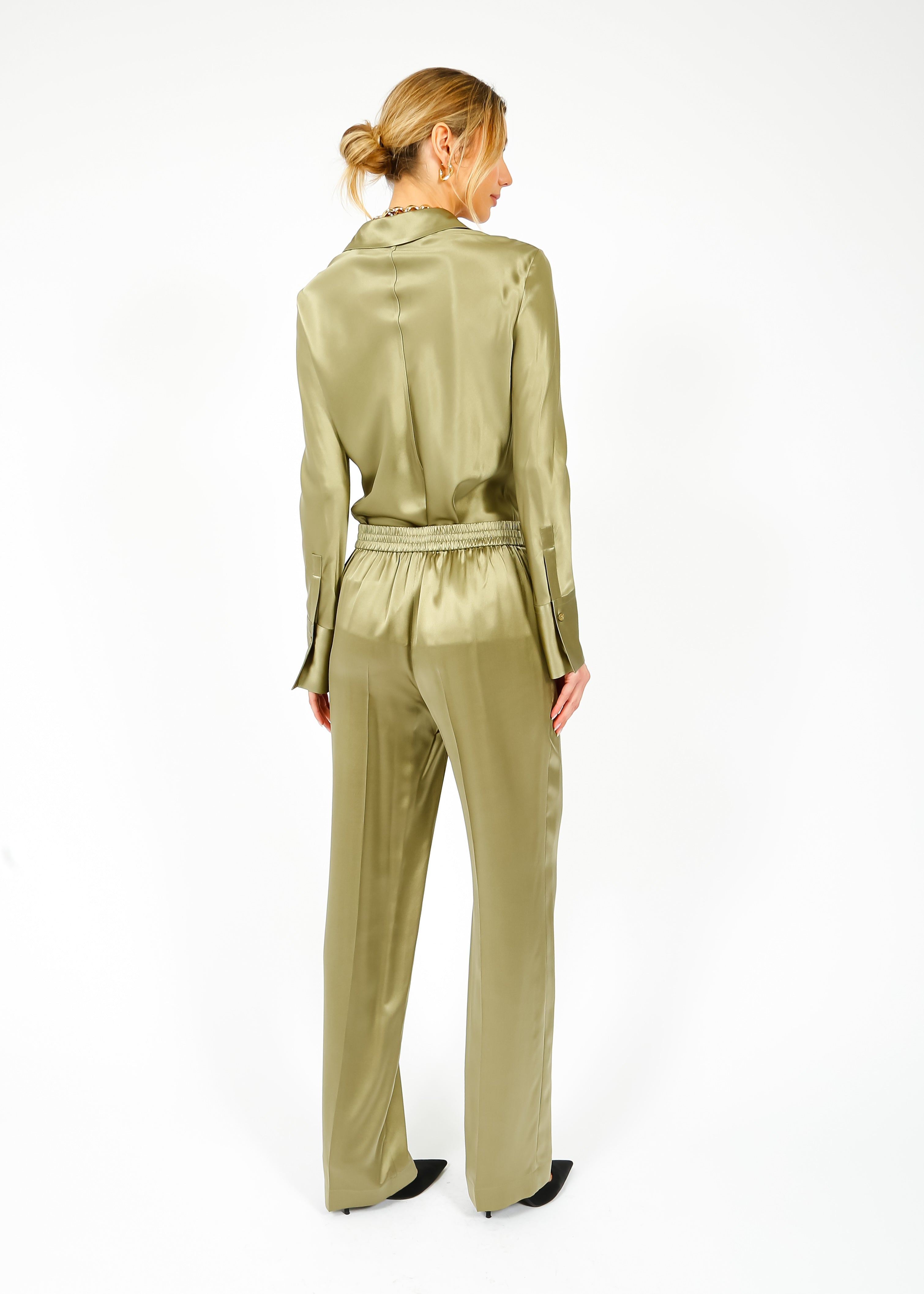 JOSEPH Tova Silk Satin Pant in Dark Olive