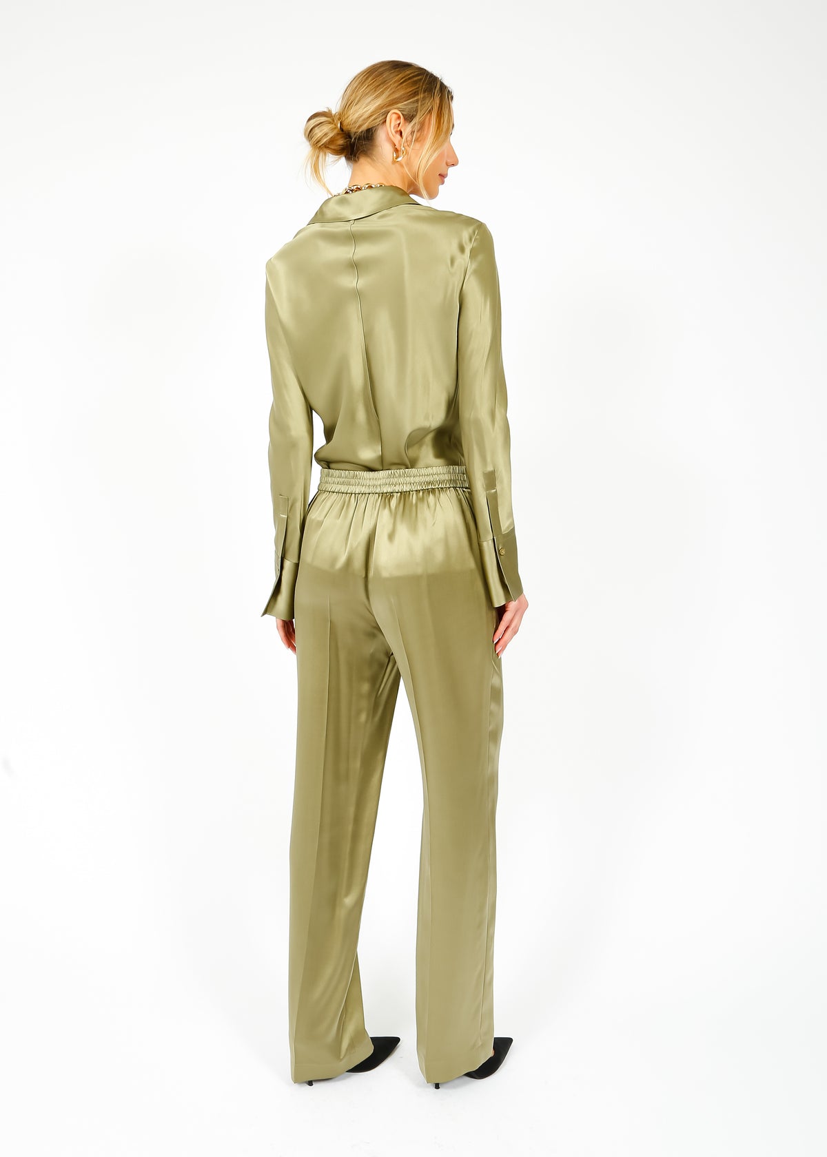 JOSEPH Tova Silk Satin Pant in Dark Olive