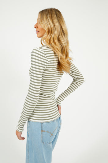 SLF Anna LS Crew in Vetiver, Snow White Stripe