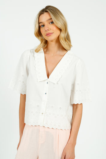 E&I Babette Broderie Anglaise Blouse in White