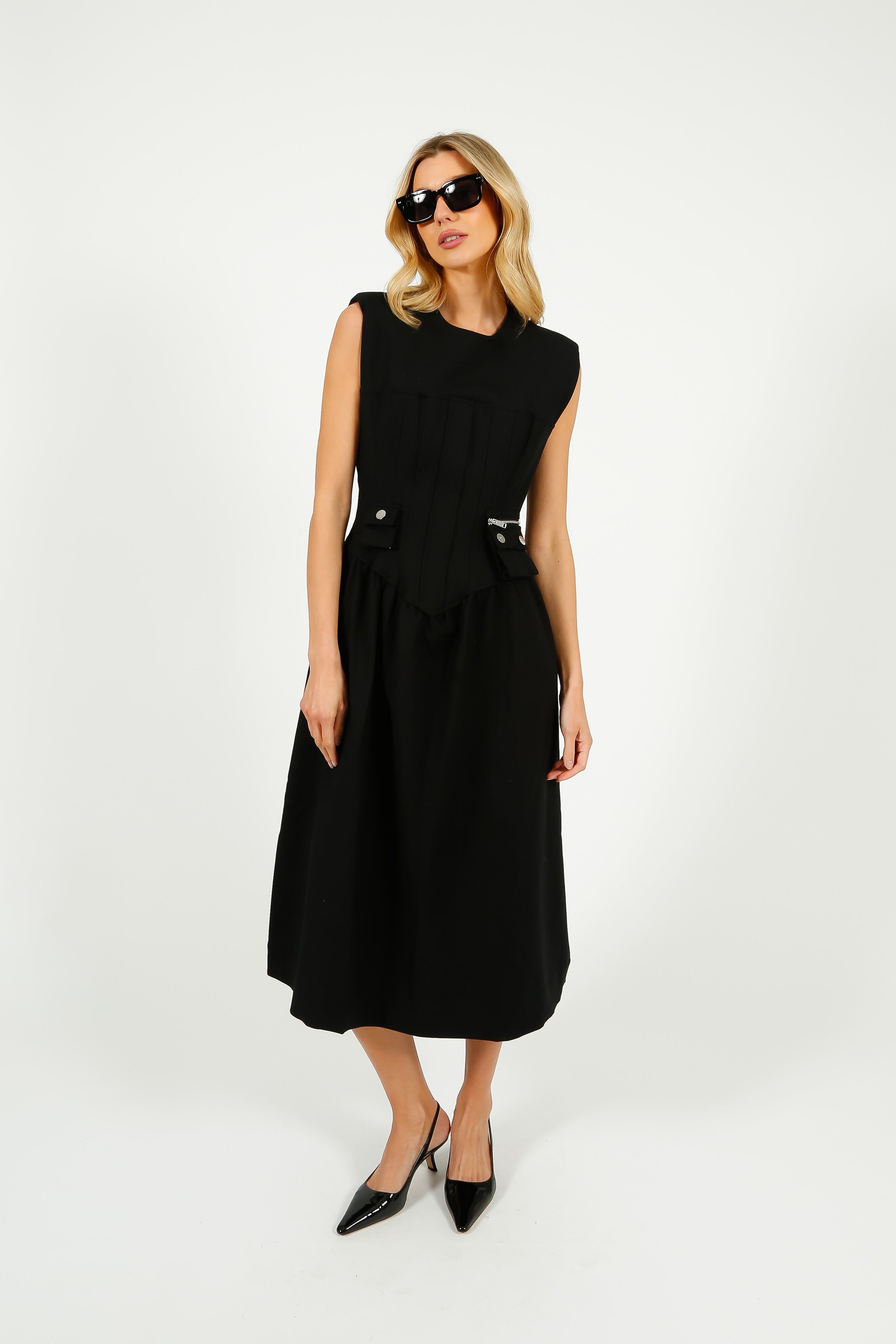 GANNI W0390 Heavy Cotton Tailoring Corset Midi Dress in Black