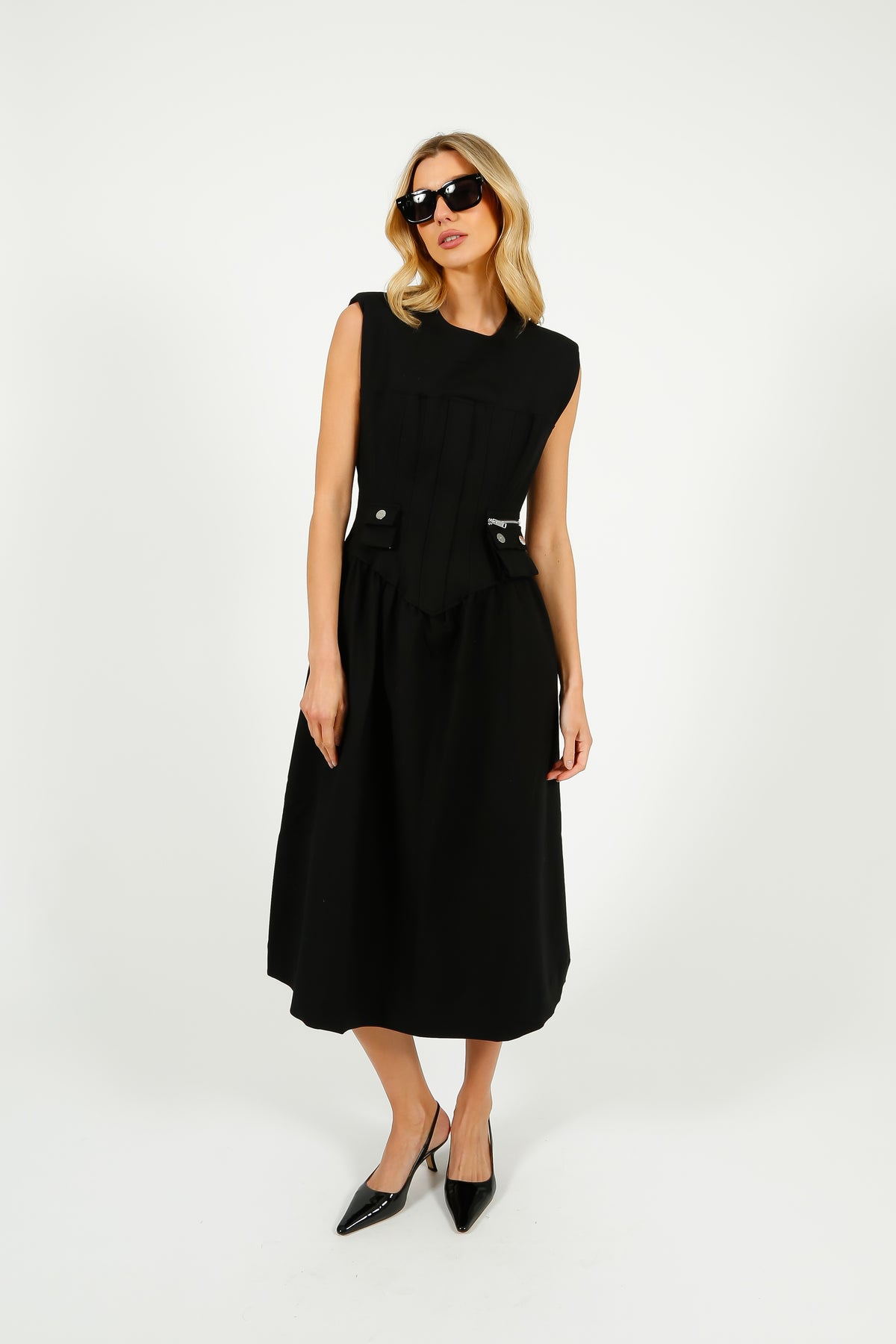 GANNI W0390 Heavy Cotton Tailoring Corset Midi Dress in Black