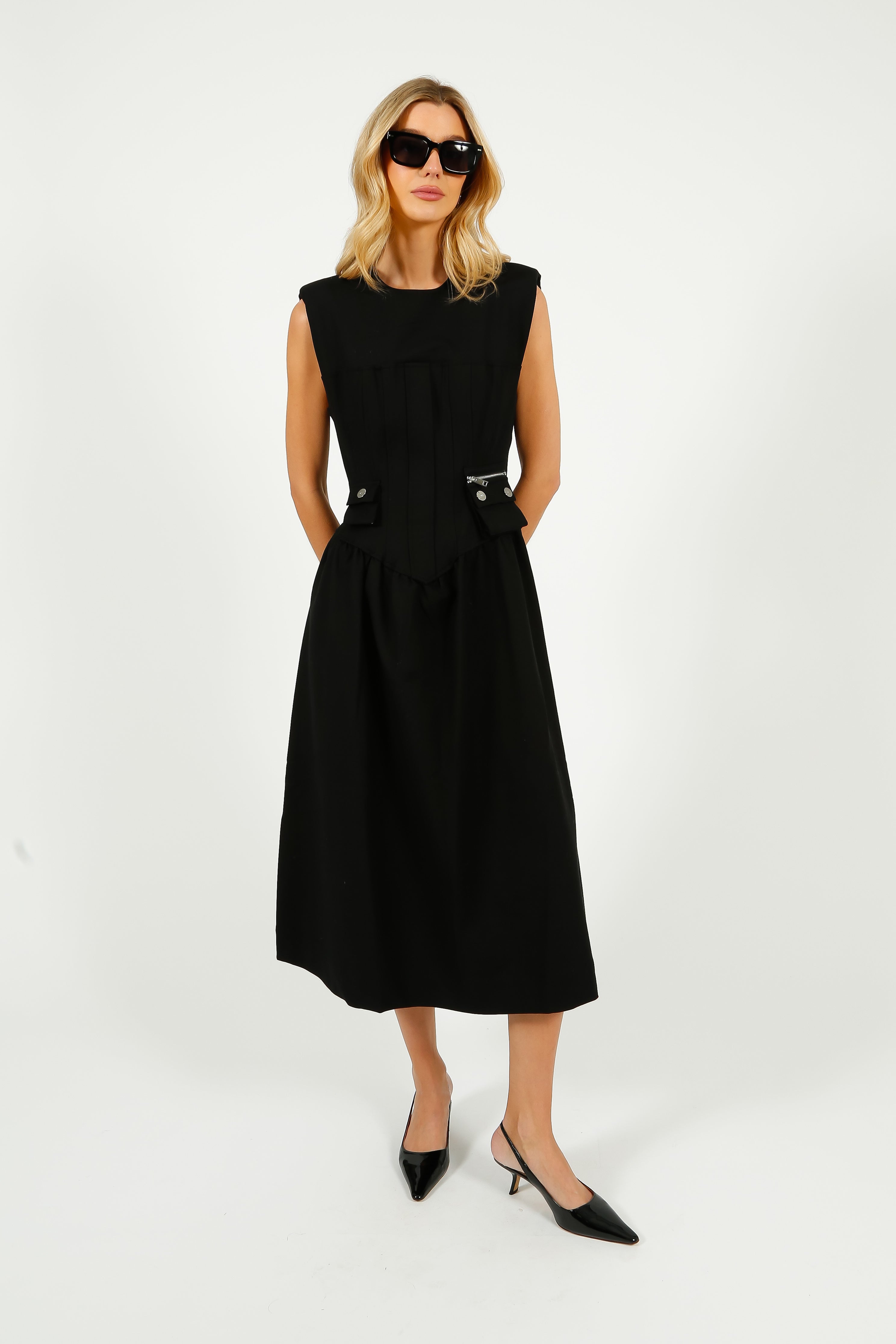 GANNI W0390 Heavy Cotton Tailoring Corset Midi Dress in Black