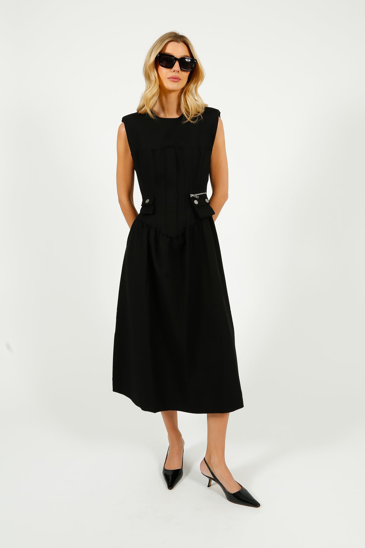 GANNI W0390 Heavy Cotton Tailoring Corset Midi Dress in Black