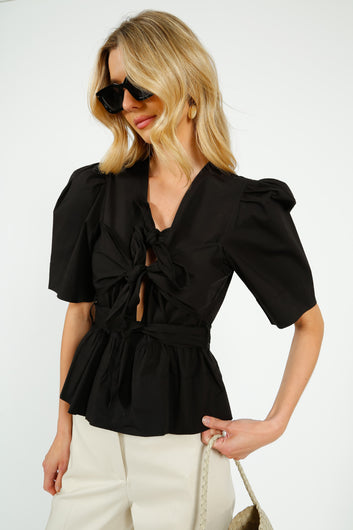 GANNI W0378 Washed Stretch Cotton Tie Strap Blouse in Black