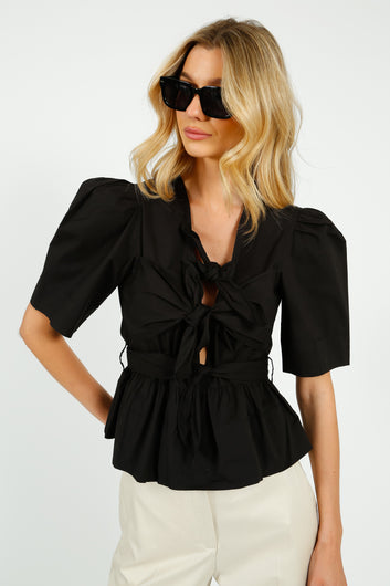 GANNI W0378 Washed Stretch Cotton Tie Strap Blouse in Black
