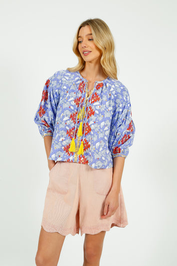 PDS 327 Lila Print Blouse with Orange Emb