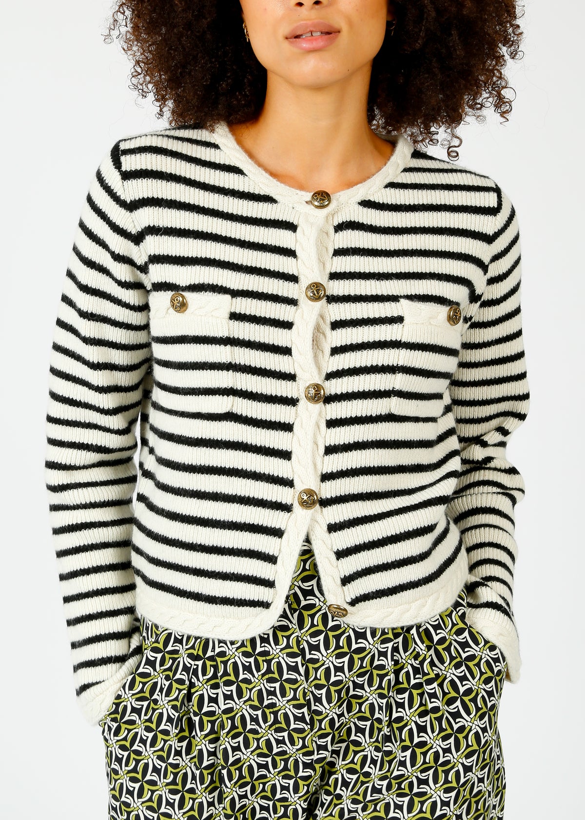 SUNCOO Gabriel Stripe Cardigan in Off White