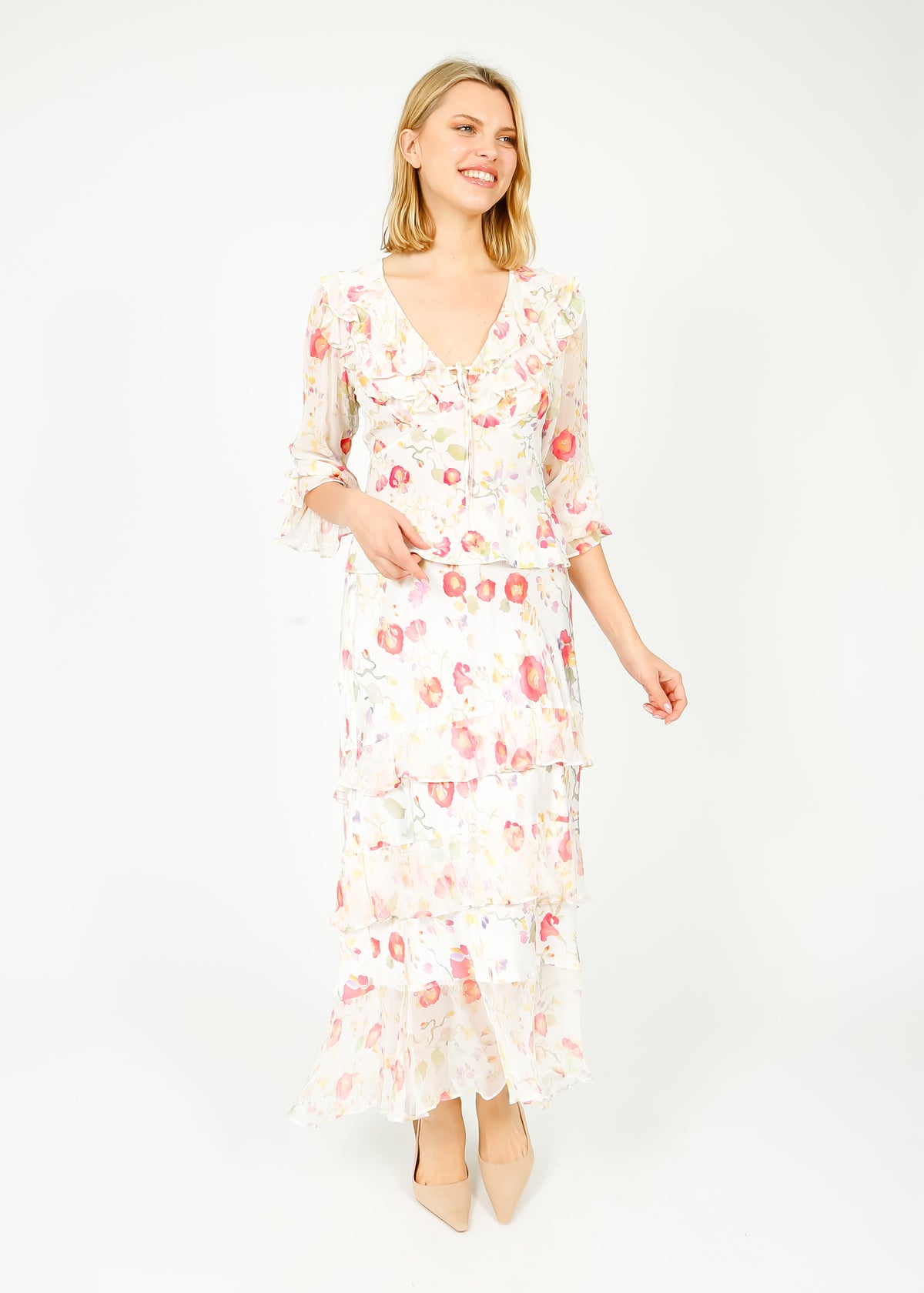 RIXO Preslee Skirt in Waterblossom Ivory