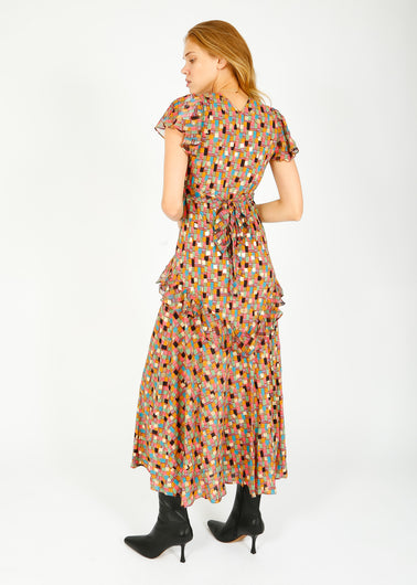 RIXO Evie Dress in Klimt Stamp Foil Dahlia