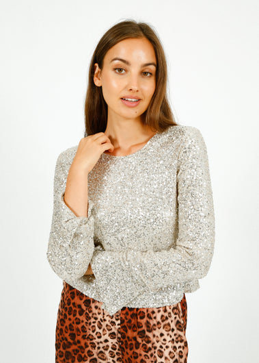 Primrose Park Marni Top in Silver Sequin – cropped long sleeve top with keyhole back