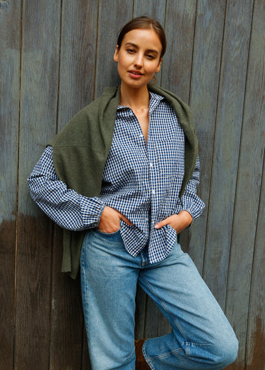 PARK Puff Sleeve Shirt in Blue, Brown Gingham