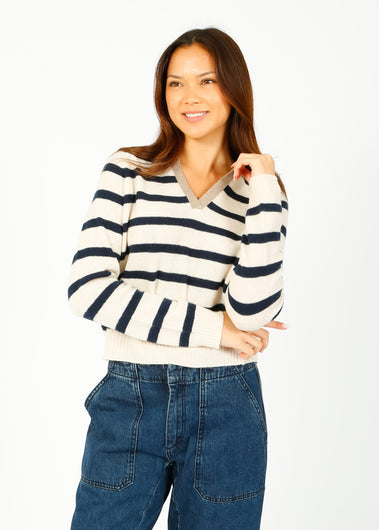 JU Stripe Open Collar in Oatmeal, Navy