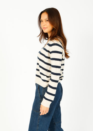 JU Stripe Open Collar in Oatmeal, Navy