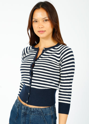 JU Stripe Shrunken Cardi in Navy, Cream