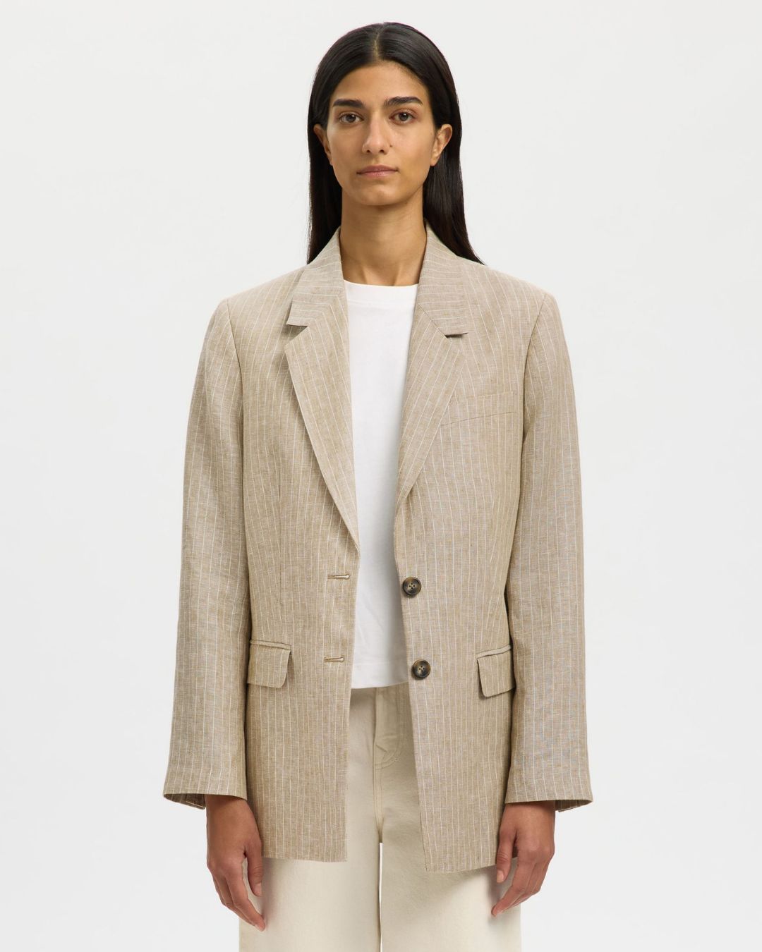 SELECTED Relaxed Pinstripe Ida Linen Blazer in Weathered Teak