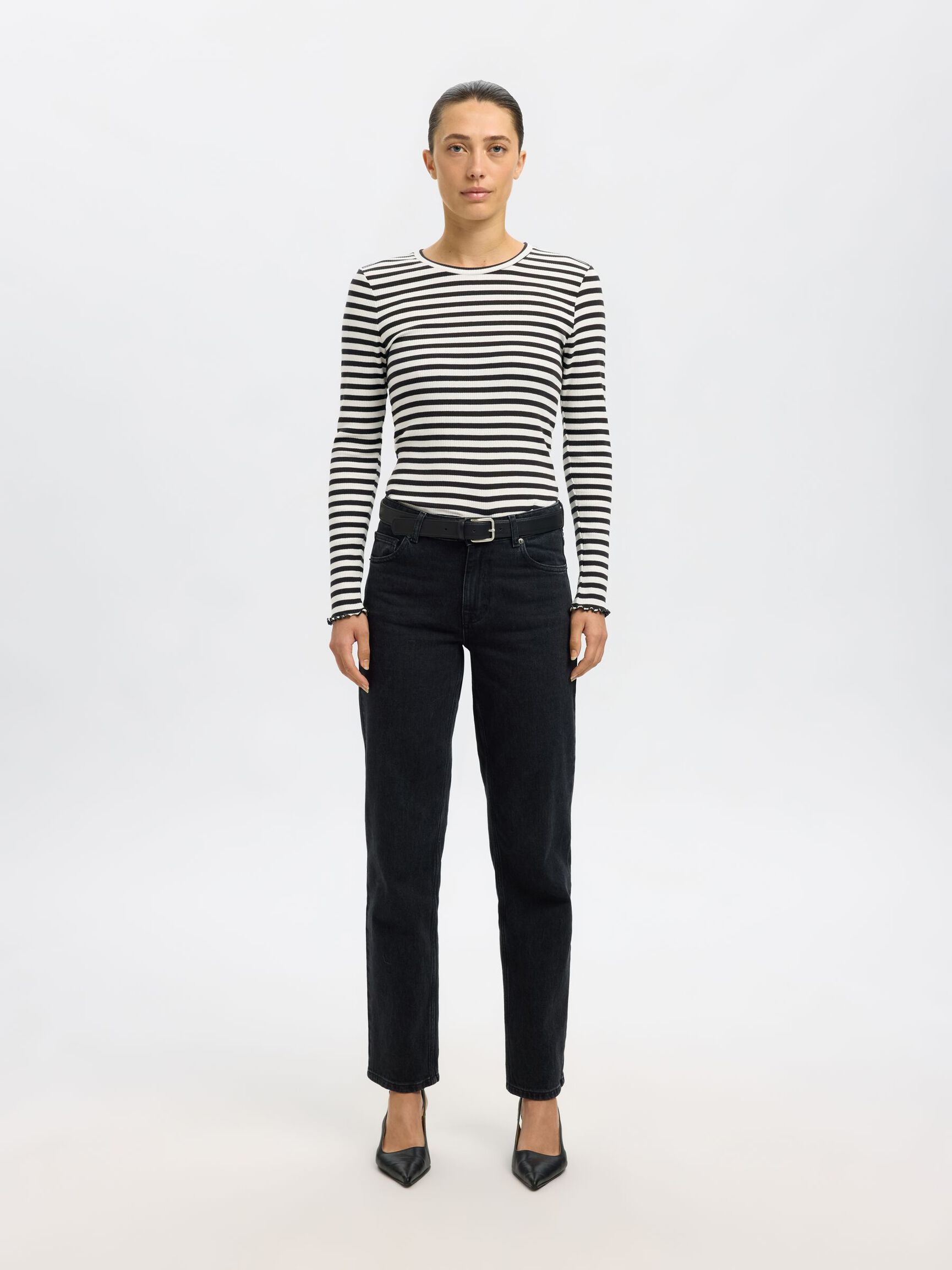 SELECTED Anna LS Striped Tee - Black, Snow