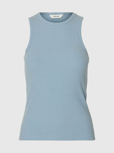 Light blue ribbed tank top on a light gray background