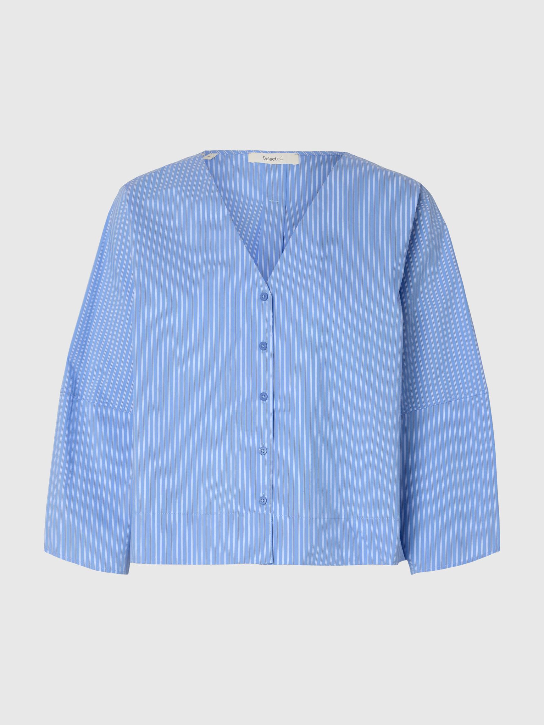 Blue striped shirt on a light gray background