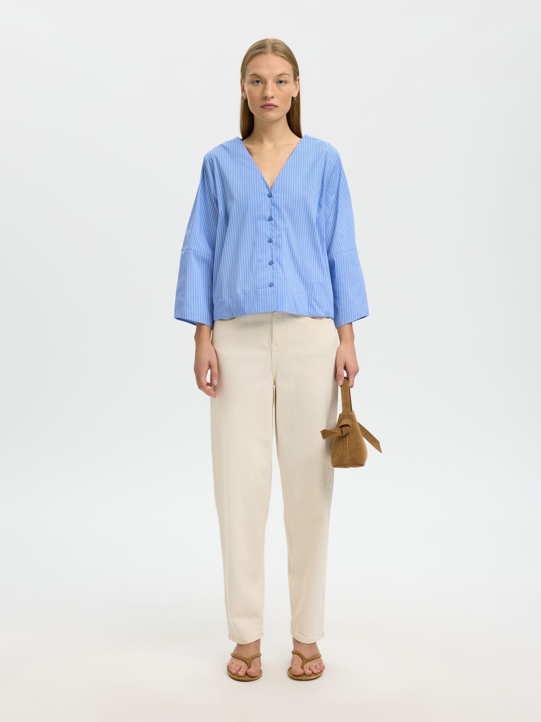 SELECTED Bea V Neck Shirt in Dusty Blue Stripe