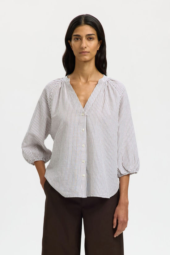 SELECTED Cleo Alberta Linen Top in Choc Chip Stripe