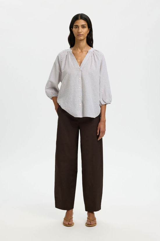 SELECTED Cleo Alberta Linen Top in Choc Chip Stripe
