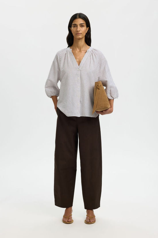 SELECTED Cleo Alberta Linen Top in Choc Chip Stripe