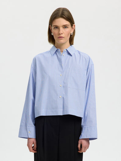 SELECTED Dannie Striped Cropped Boxy Shirt - Dark Sapphire