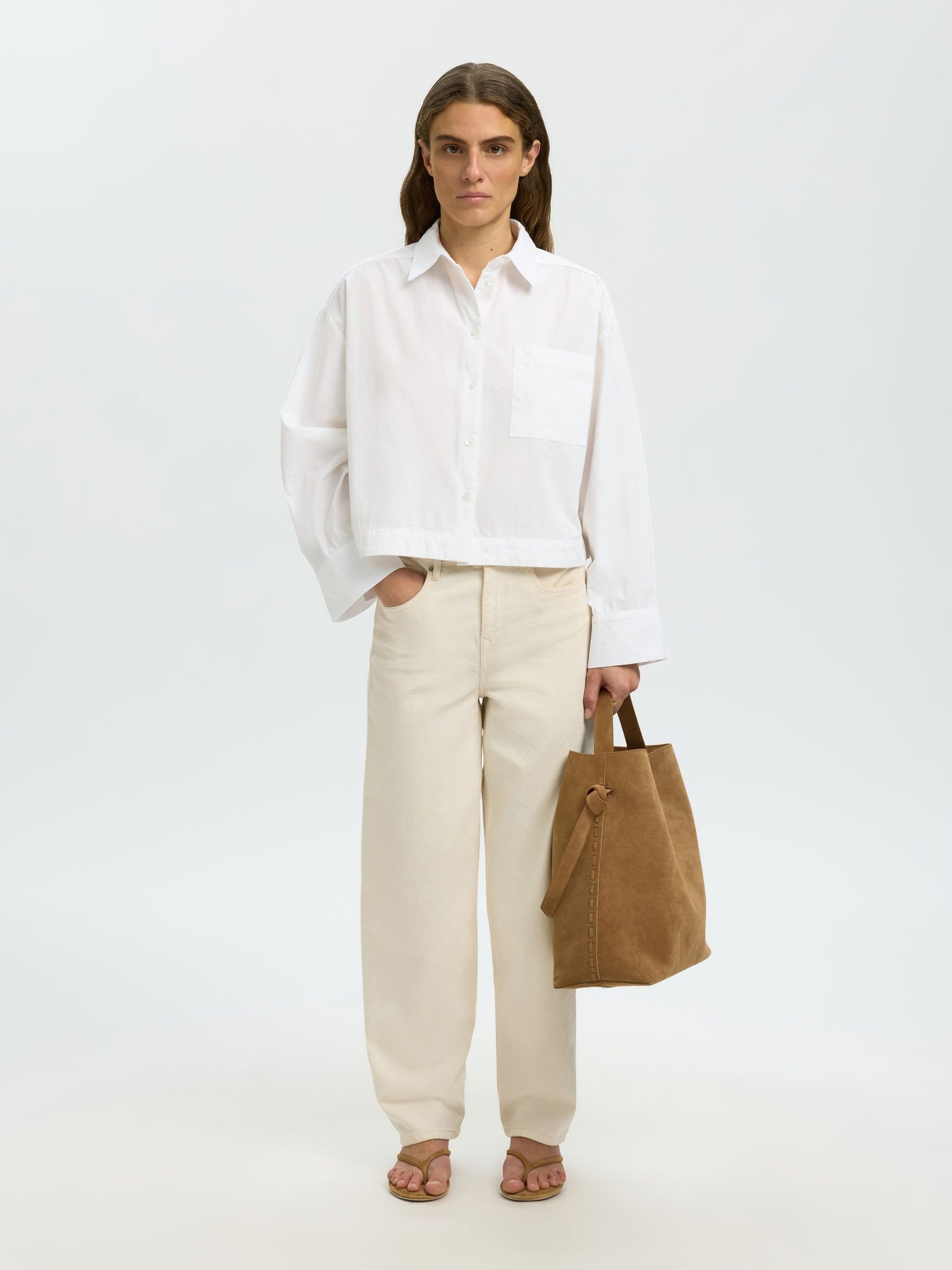 SELECTED Delia Relaxed LS Cropped Shirt in Bright White