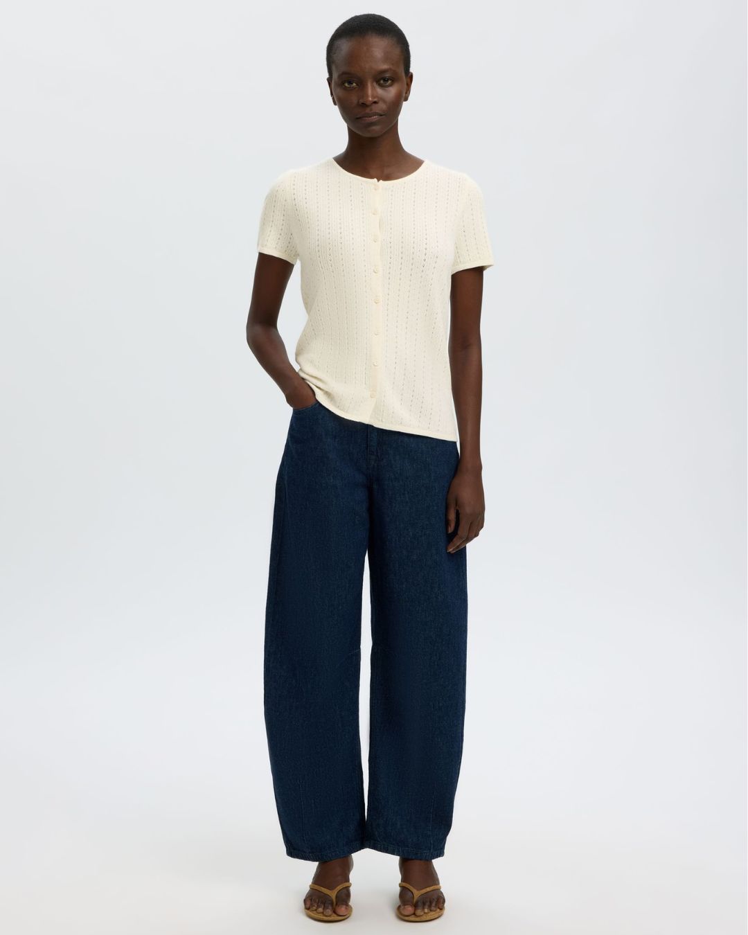SELECTED Femme Helle Pointelle Short Sleeve Knit Cardigan