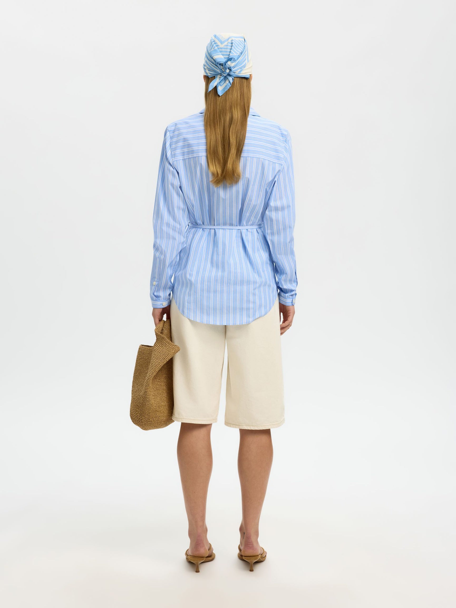 SELECTED Helga Long Sleeve Tie Shirt in Cashmere Blue Stripes