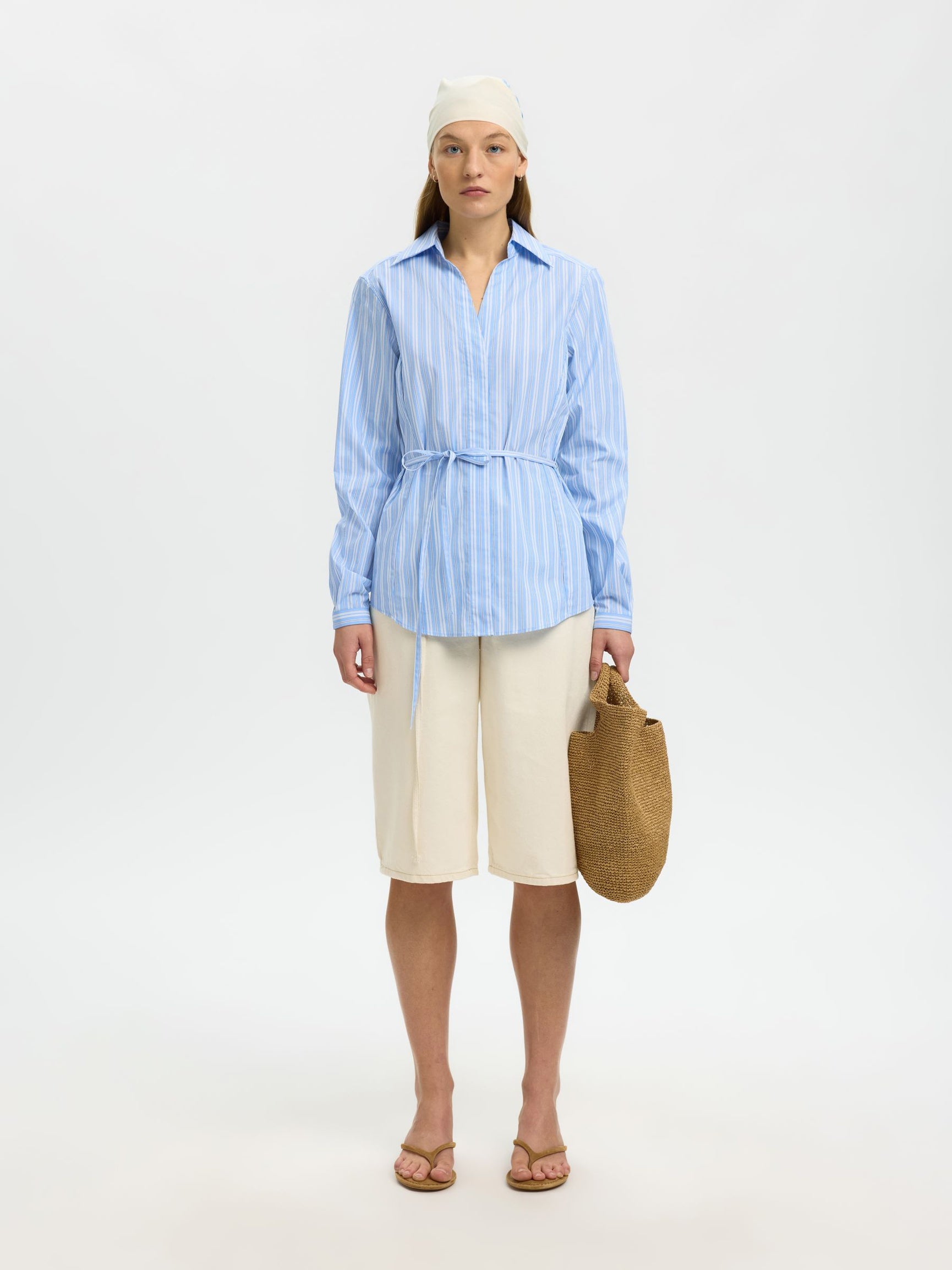 SELECTED Helga Long Sleeve Tie Shirt in Cashmere Blue Stripes