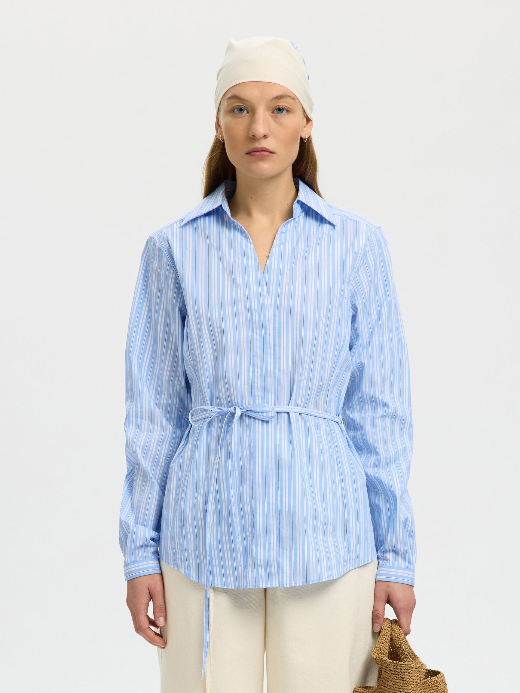 SELECTED Helga Long Sleeve Tie Shirt in Cashmere Blue Stripes
