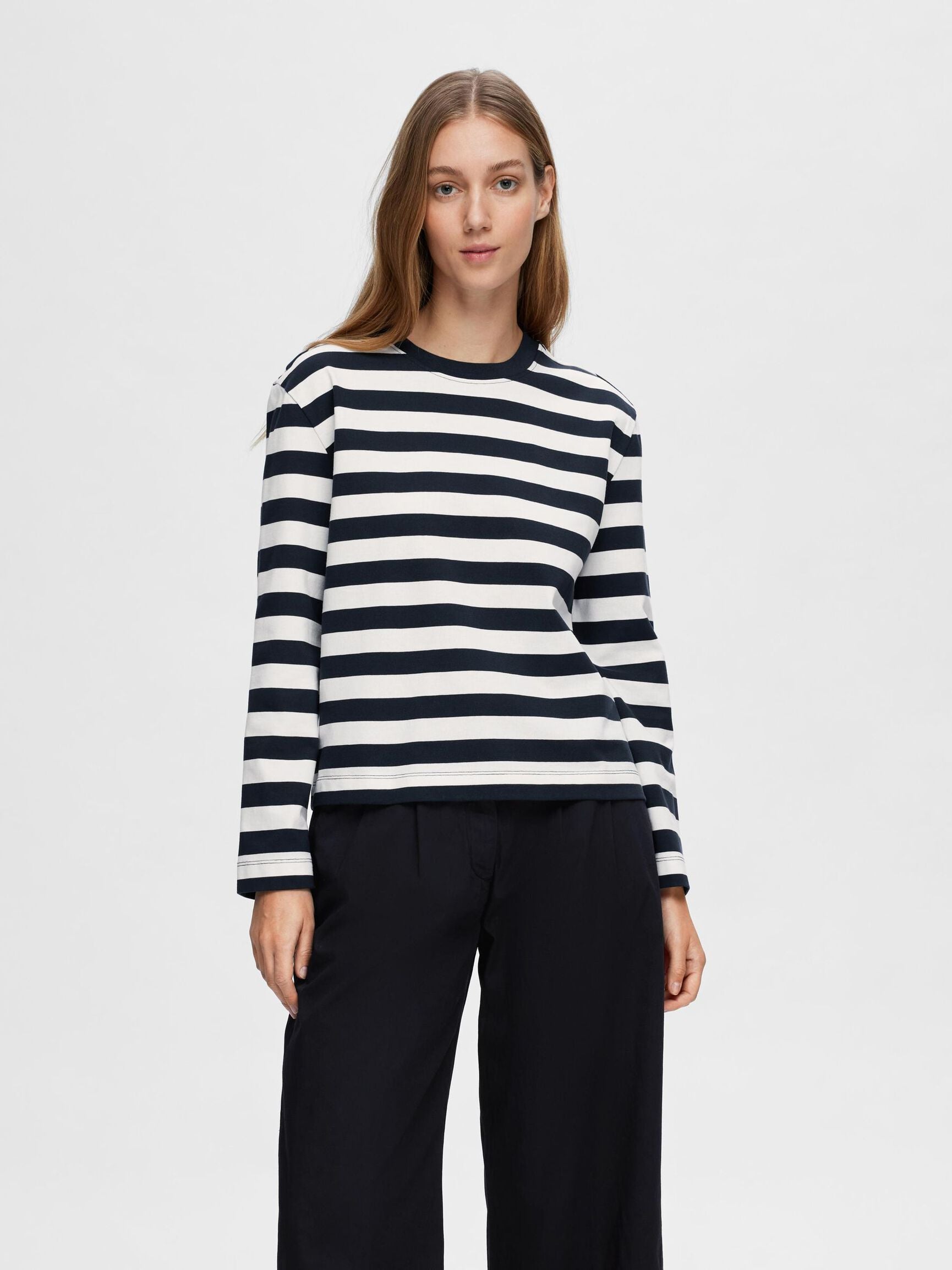SELECTED LS Striped Boxy Tee in Dk Sapphire/