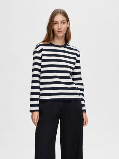 SELECTED LS Striped Boxy Tee in Dk Sapphire/