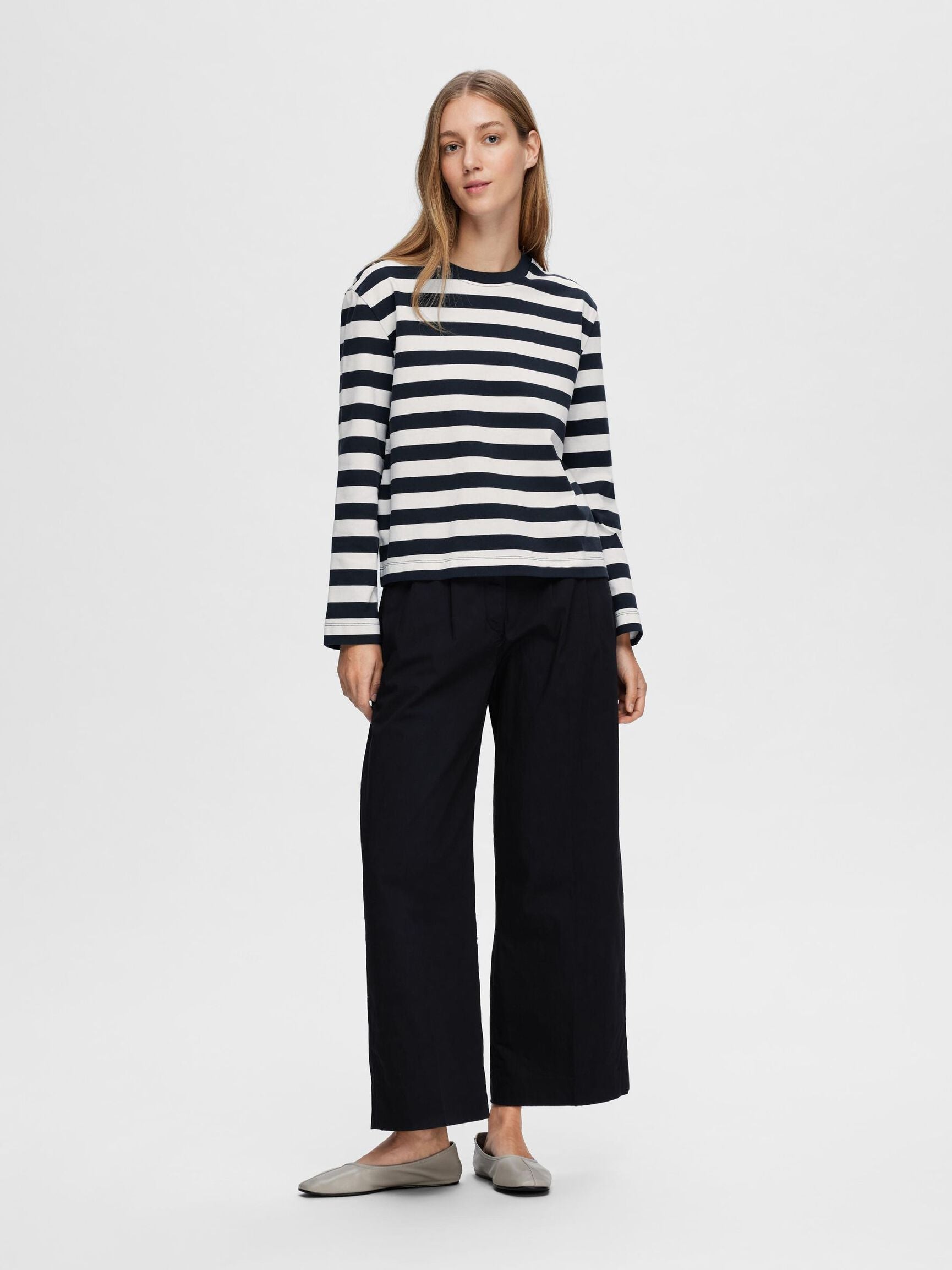 SELECTED LS Striped Boxy Tee in Dk Sapphire/