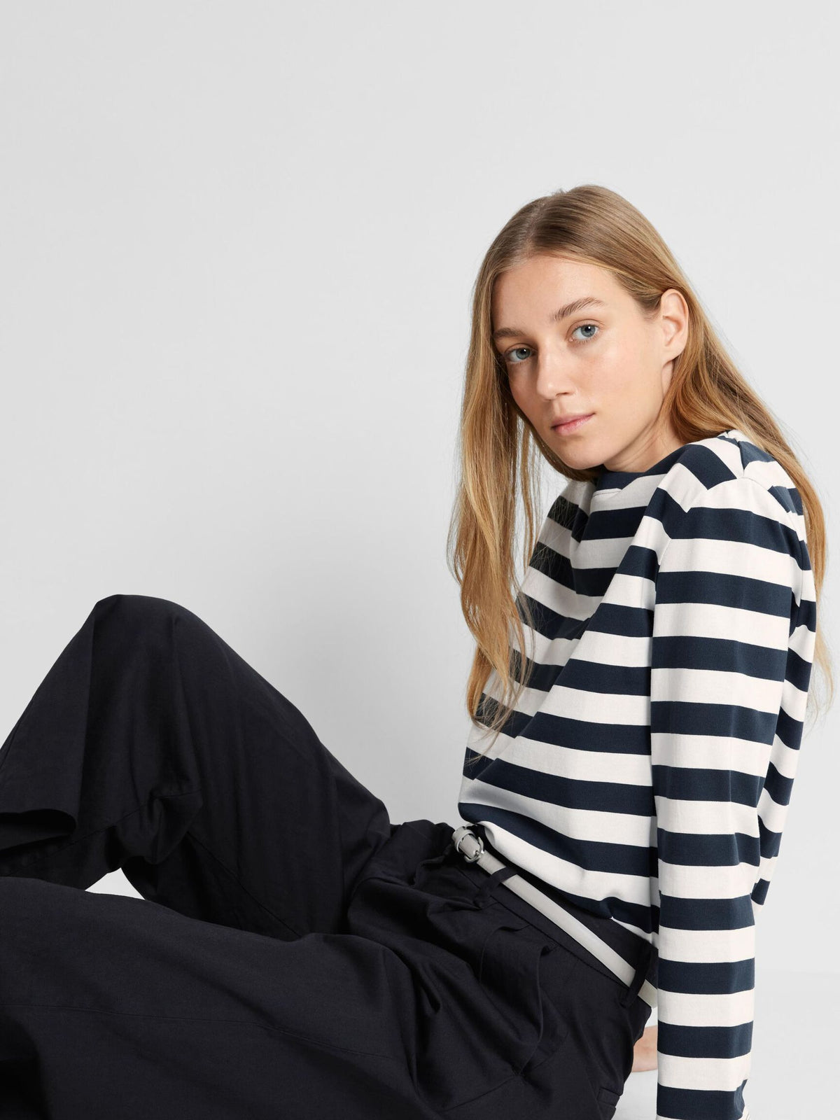 SELECTED LS Striped Boxy Tee in Dk Sapphire/