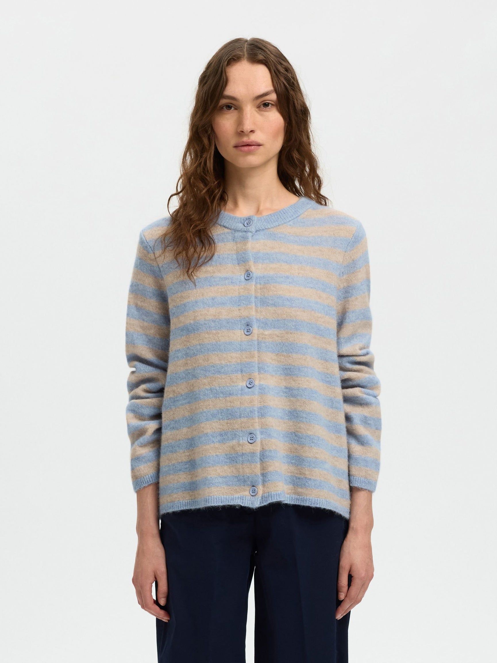 SELECTED Lulu New Knit Cardi in Cashmere Blue, Birch Stripe