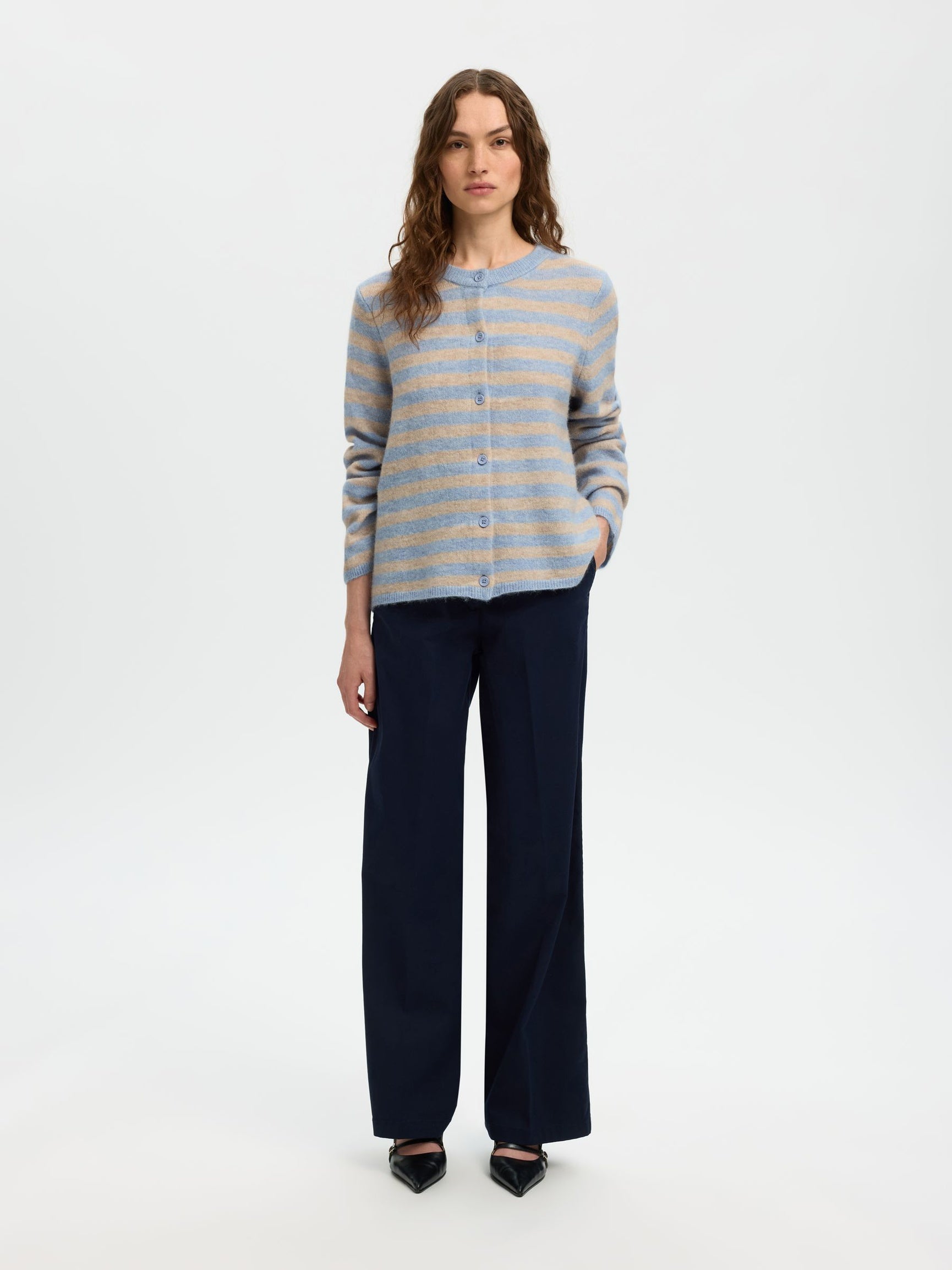 SELECTED Lulu New Knit Cardi in Cashmere Blue, Birch Stripe