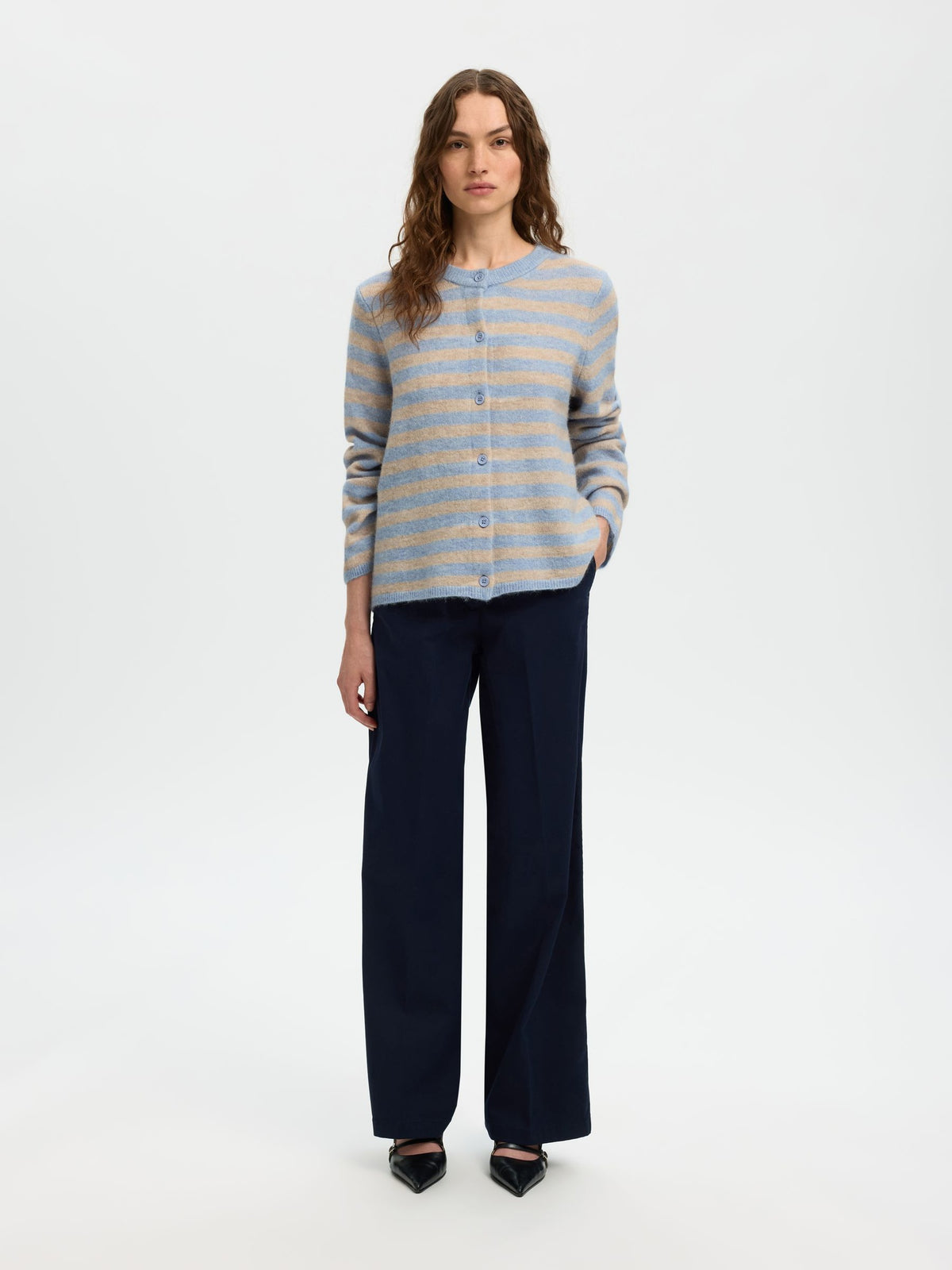 SELECTED Lulu New Knit Cardi in Cashmere Blue, Birch Stripe