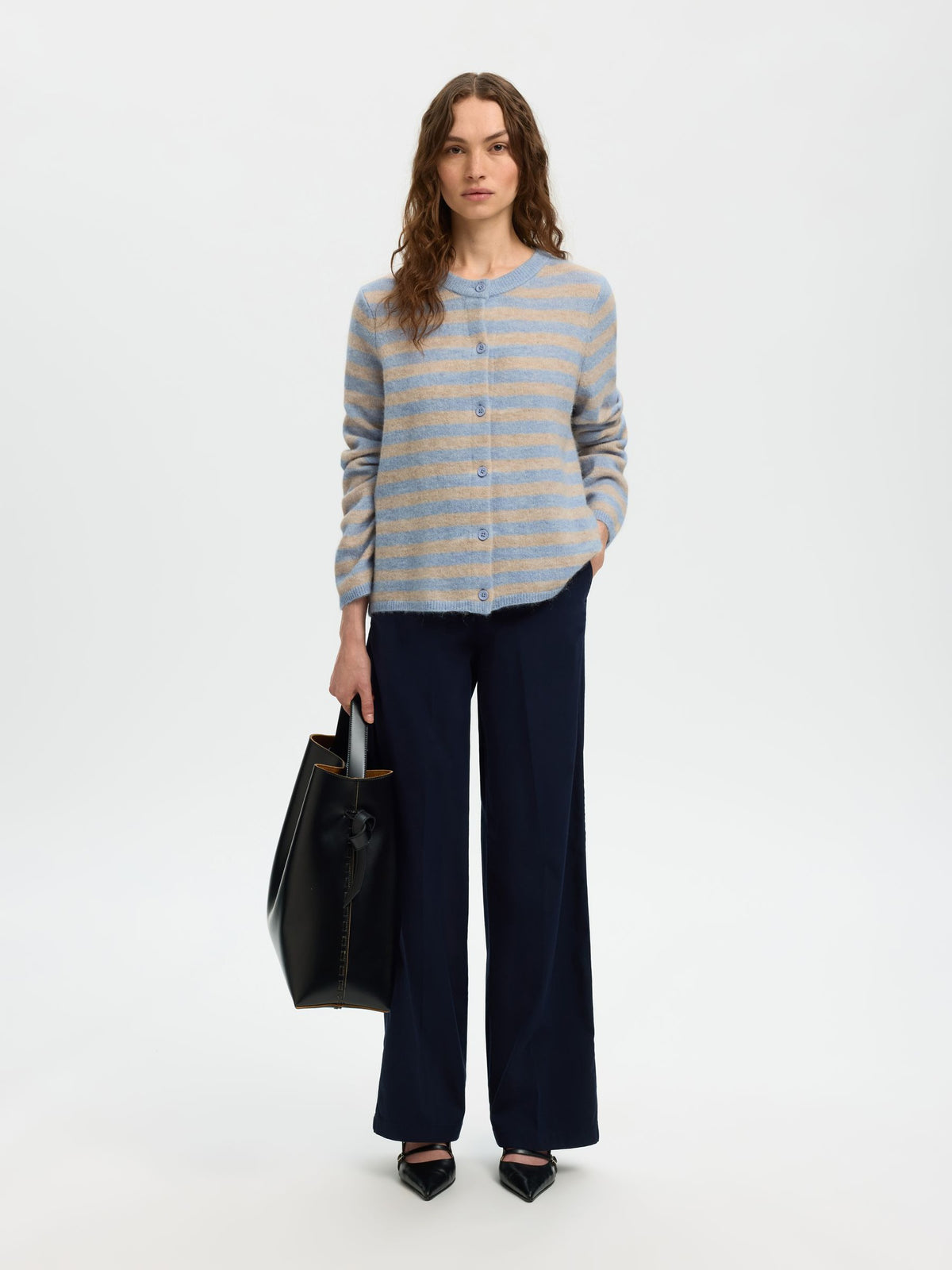 SELECTED Lulu New Knit Cardi in Cashmere Blue, Birch Stripe
