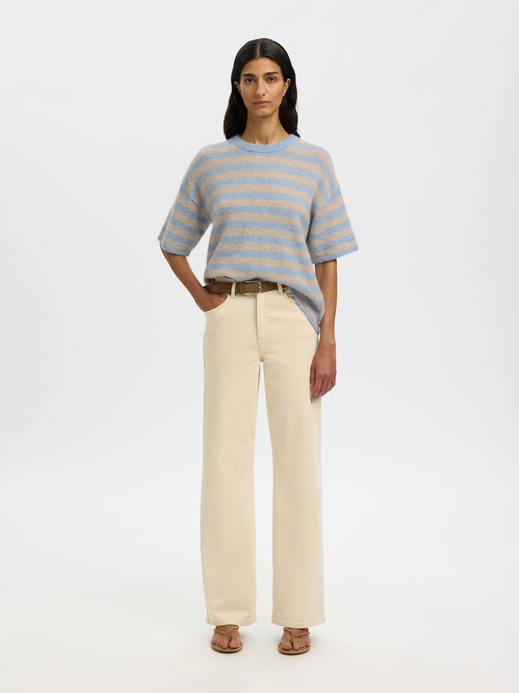 SELECTED Lulu SS Knit in Cashmere Blue, Birch Stripe