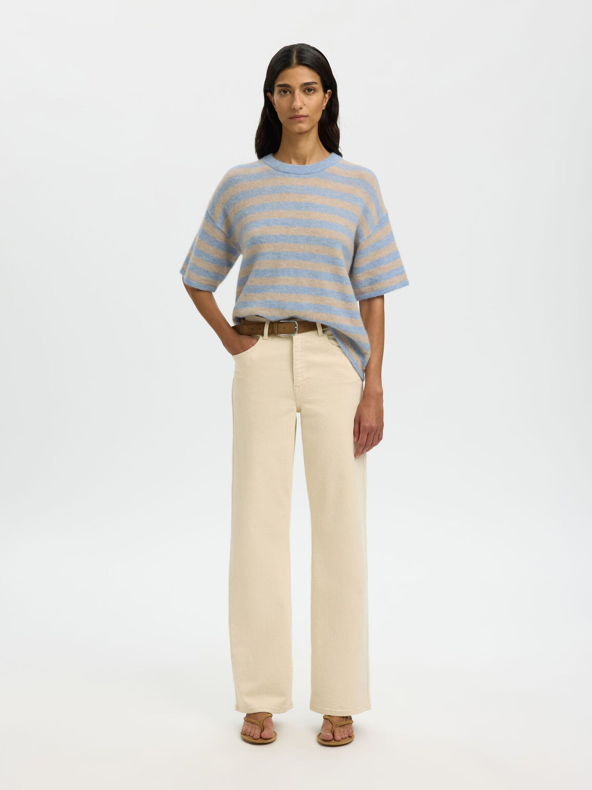 SELECTED Lulu SS Knit in Cashmere Blue, Birch Stripe